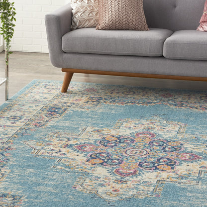 4' Light Blue Round Southwestern Power Loom Area Rug