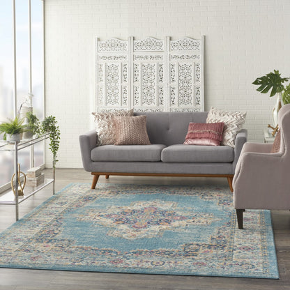 4' Light Blue Round Southwestern Power Loom Area Rug