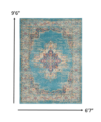 4' Light Blue Round Southwestern Power Loom Area Rug