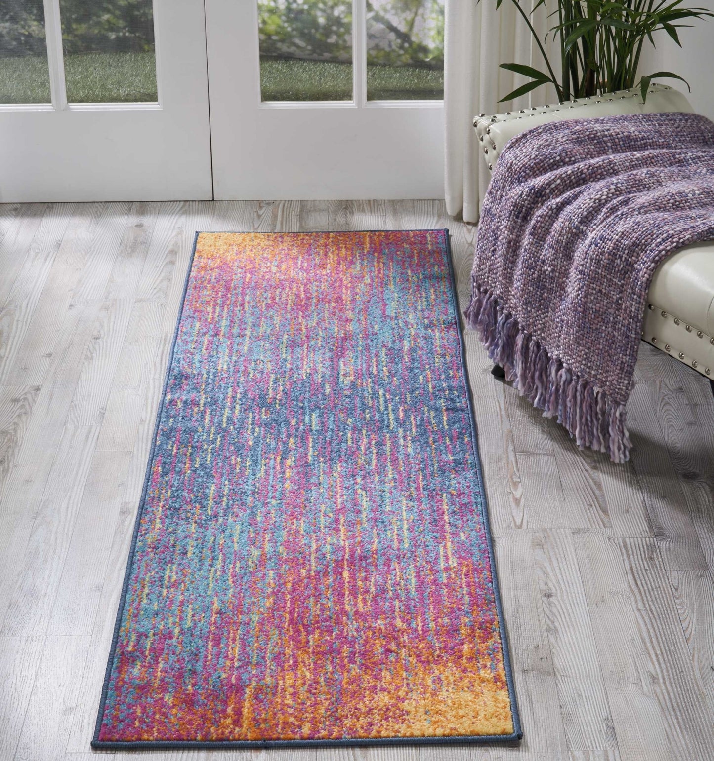 8' Blue And Pink Abstract Power Loom Runner Rug