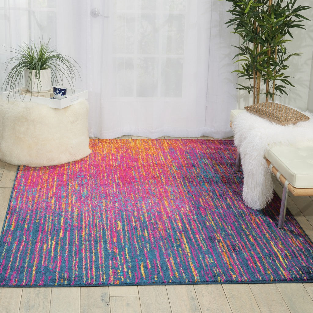 8' Blue And Pink Abstract Power Loom Runner Rug