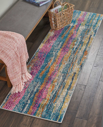 8' Pink And Blue Abstract Power Loom Runner Rug