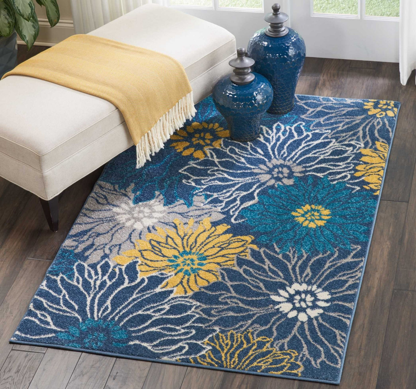 8' Blue Floral Power Loom Runner Rug