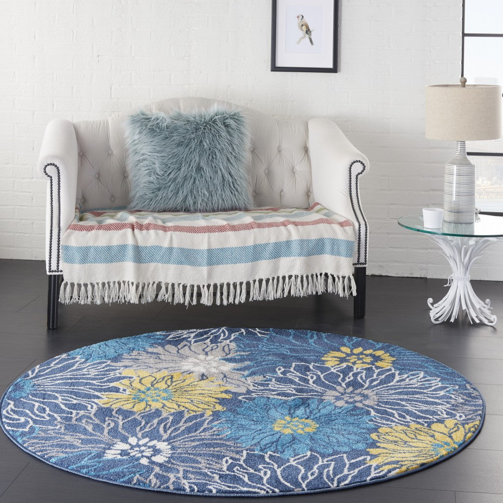 8' Blue Floral Power Loom Runner Rug