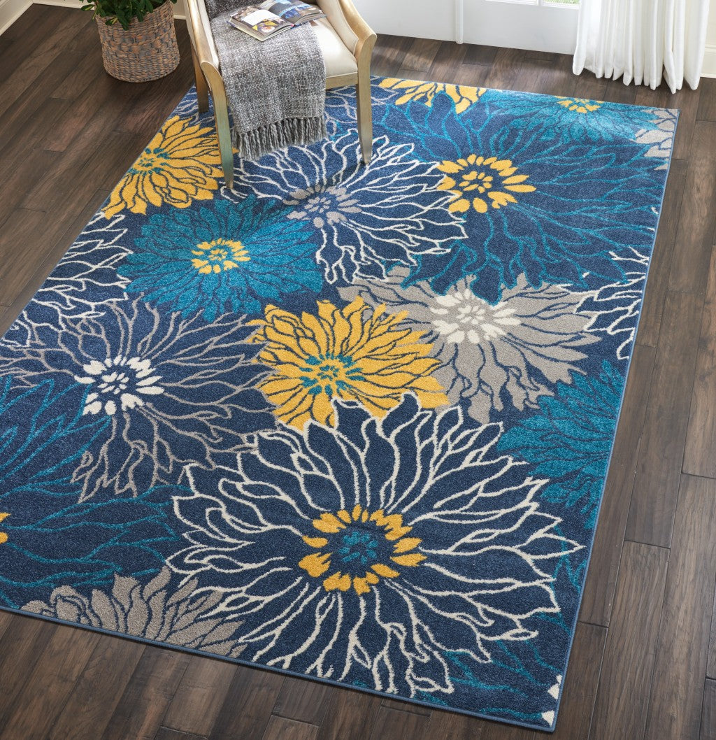 8' Blue Floral Power Loom Runner Rug