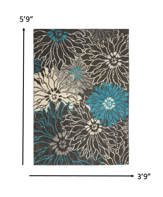 2' X 3' Blue And Gray Floral Power Loom Area Rug