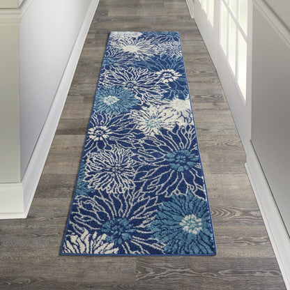 5' Blue And Ivory Round Floral Dhurrie Area Rug