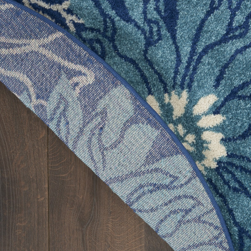 5' Blue And Ivory Round Floral Dhurrie Area Rug