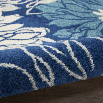 5' Blue And Ivory Round Floral Dhurrie Area Rug