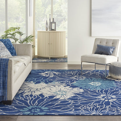 5' Blue And Ivory Round Floral Dhurrie Area Rug