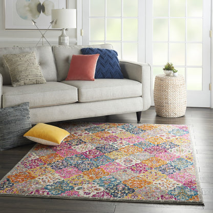 7' X 10' Pink And Gray Geometric Dhurrie Area Rug