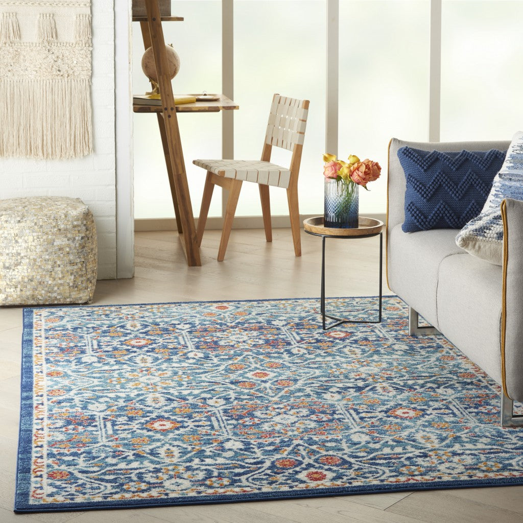 2' X 3' Blue And Ivory Floral Power Loom Area Rug