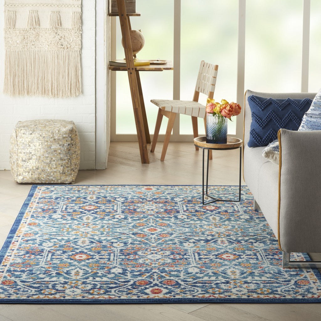 2' X 3' Blue And Ivory Floral Power Loom Area Rug
