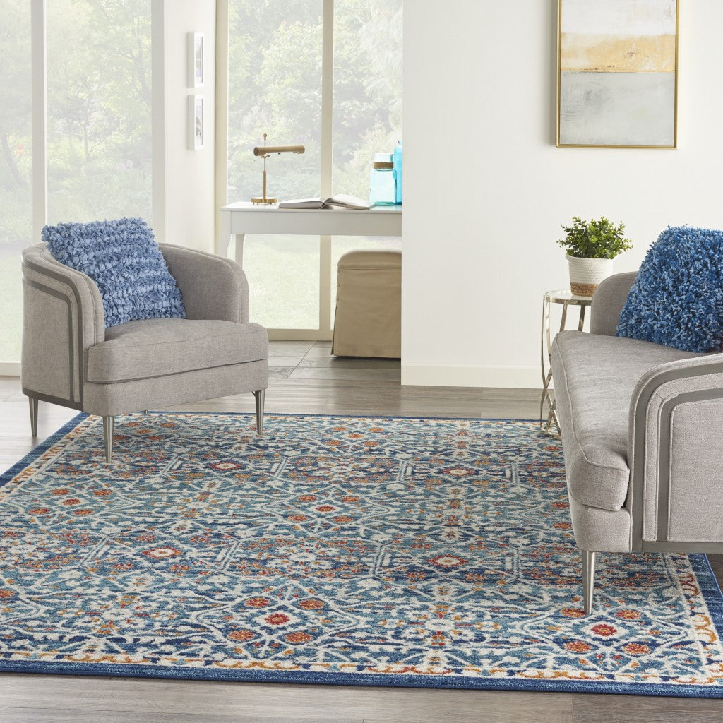 2' X 3' Blue And Ivory Floral Power Loom Area Rug