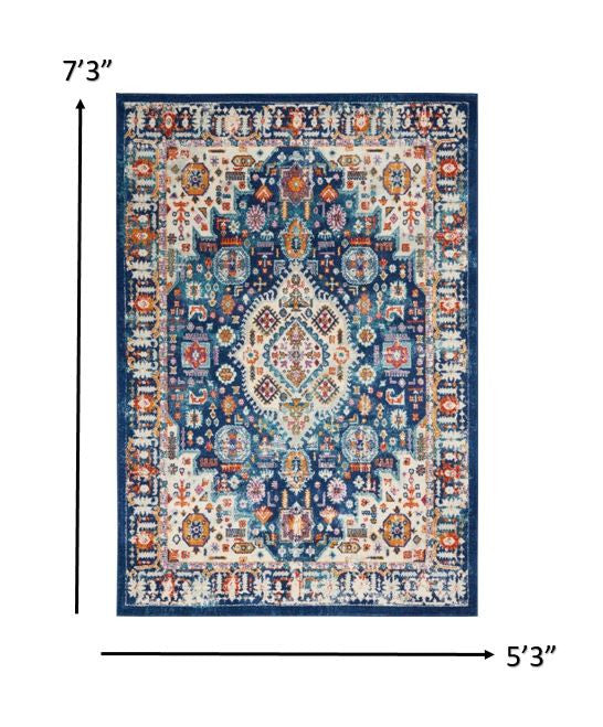 5' X 7' Blue And Ivory Power Loom Area Rug