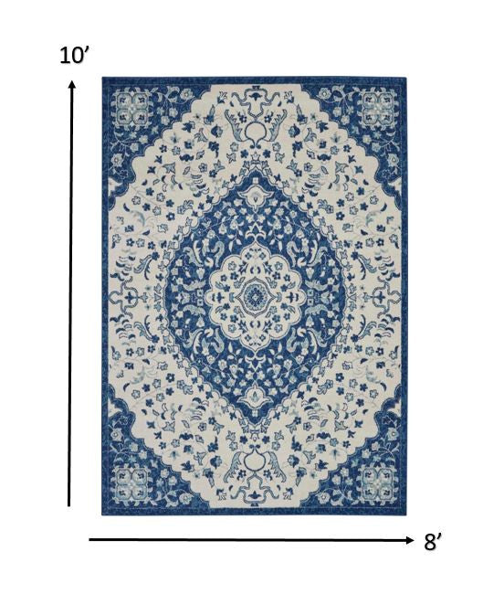 8' X 10' Blue And Ivory Power Loom Area Rug