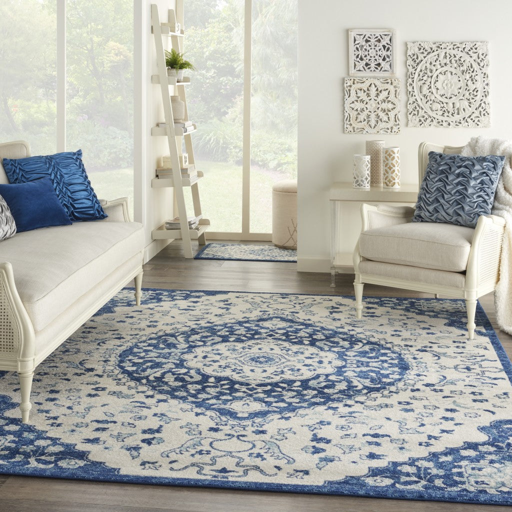 8' X 10' Blue And Ivory Power Loom Area Rug