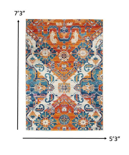 5' X 7' Orange And Ivory Floral Power Loom Area Rug