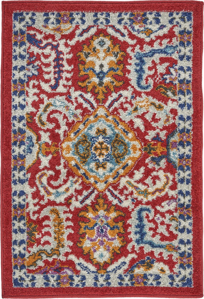 5' X 7' Red And Ivory Damask Power Loom Area Rug