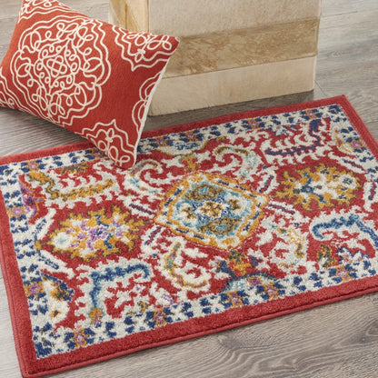 5' X 7' Red And Ivory Damask Power Loom Area Rug