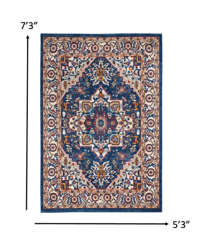 5' X 7' Blue And Ivory Power Loom Area Rug