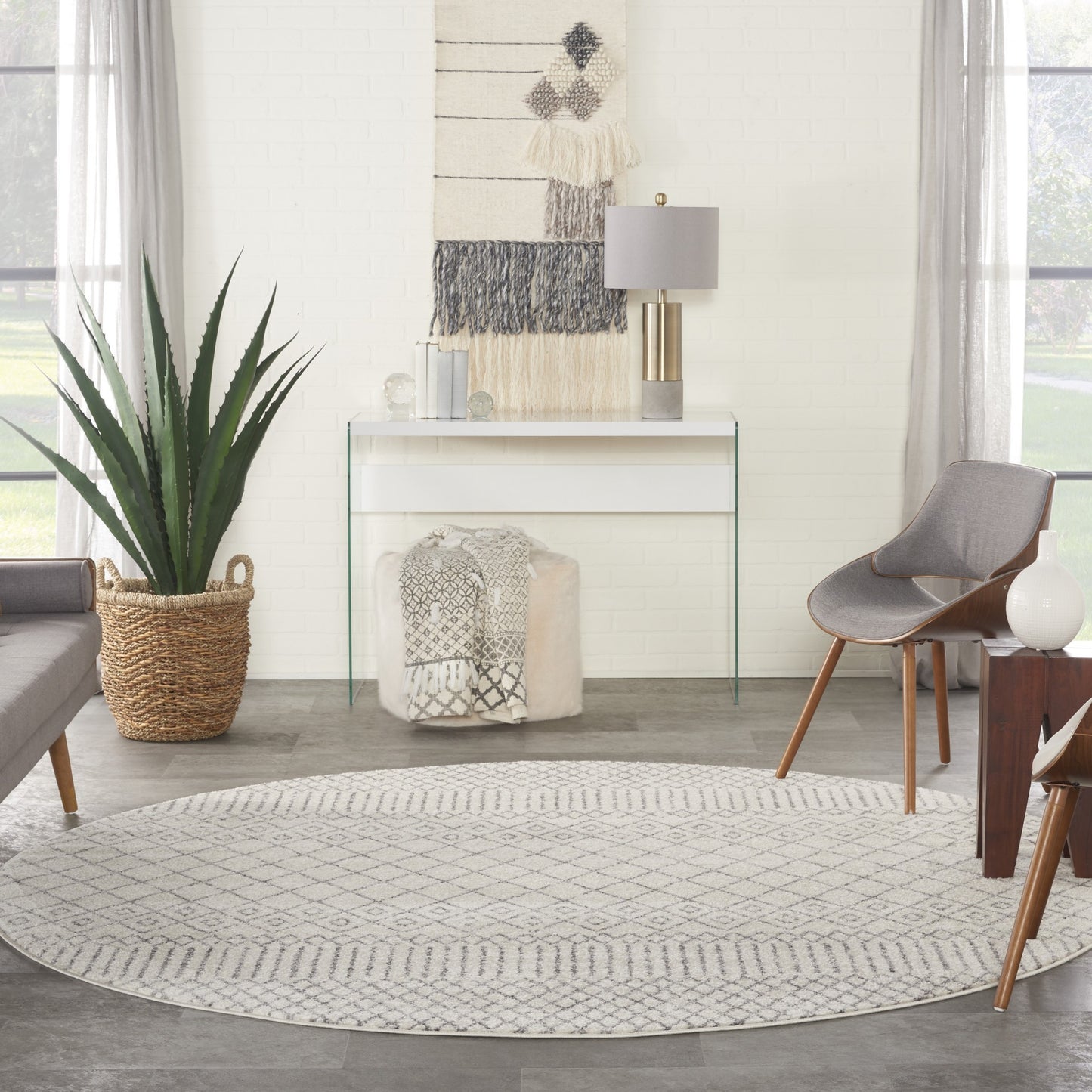 4' Gray Round Geometric Power Loom Area Rug