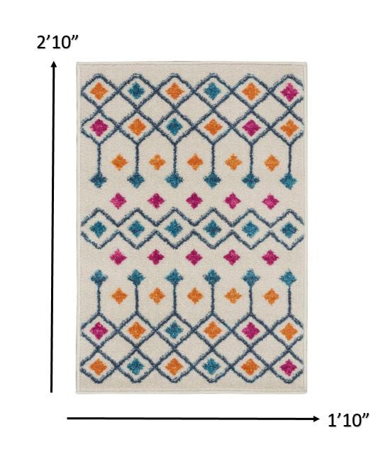2' X 3' Blue And Ivory Geometric Dhurrie Area Rug