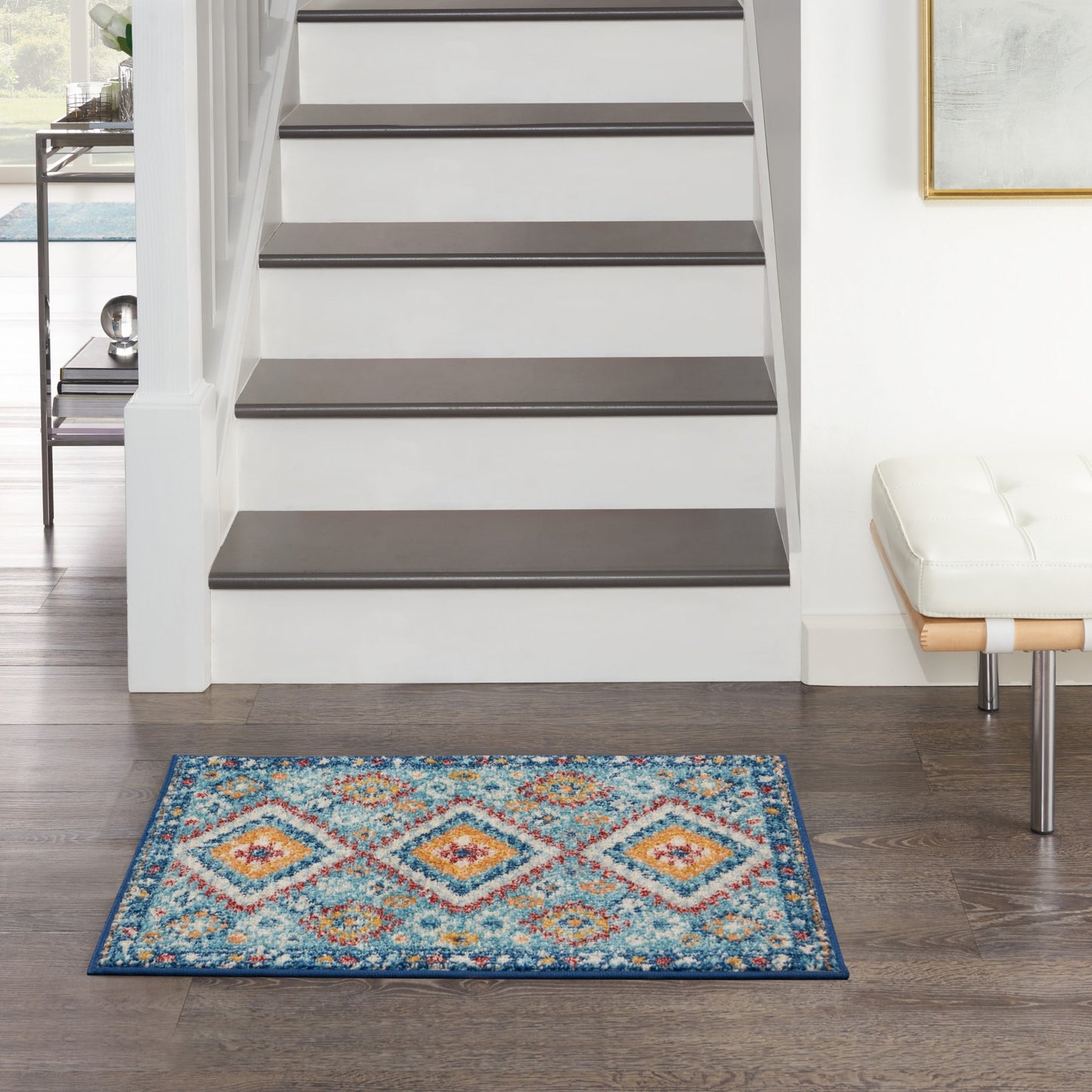 8' X 10' Blue And Orange Geometric Dhurrie Area Rug