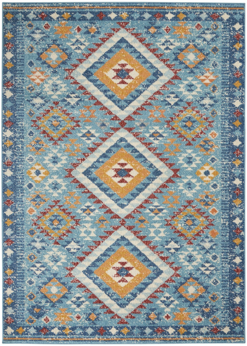 8' X 10' Blue And Orange Geometric Dhurrie Area Rug