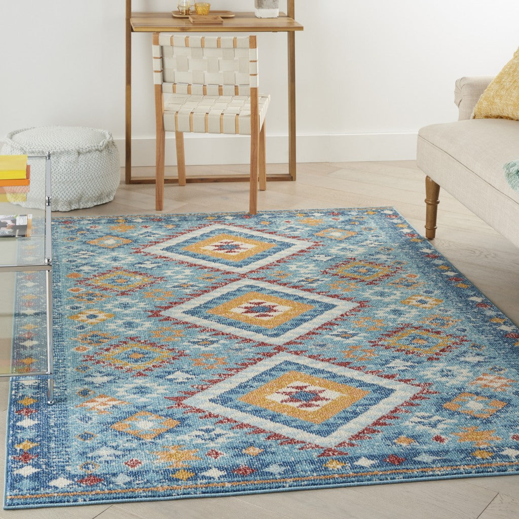 8' X 10' Blue And Orange Geometric Dhurrie Area Rug