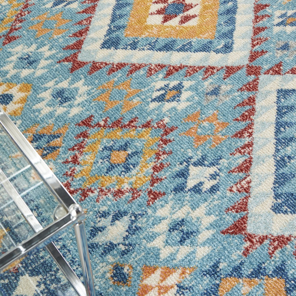 8' X 10' Blue And Orange Geometric Dhurrie Area Rug