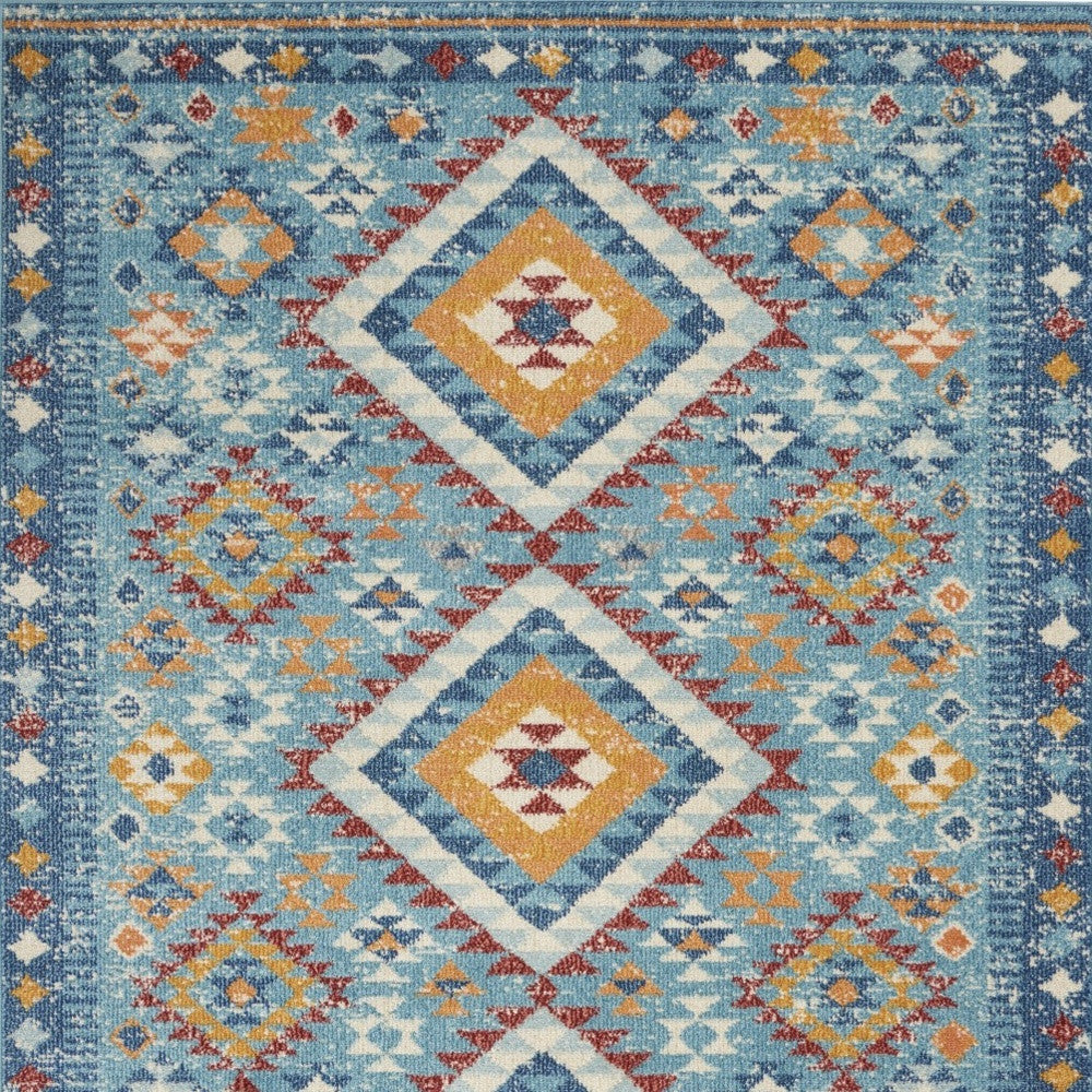 8' X 10' Blue And Orange Geometric Dhurrie Area Rug