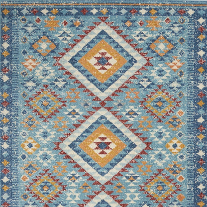 8' X 10' Blue And Orange Geometric Dhurrie Area Rug