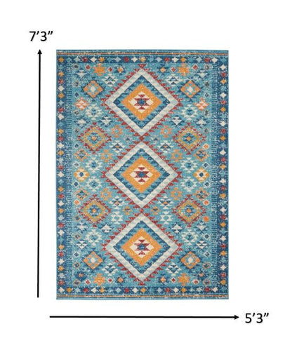 8' X 10' Blue And Orange Geometric Dhurrie Area Rug