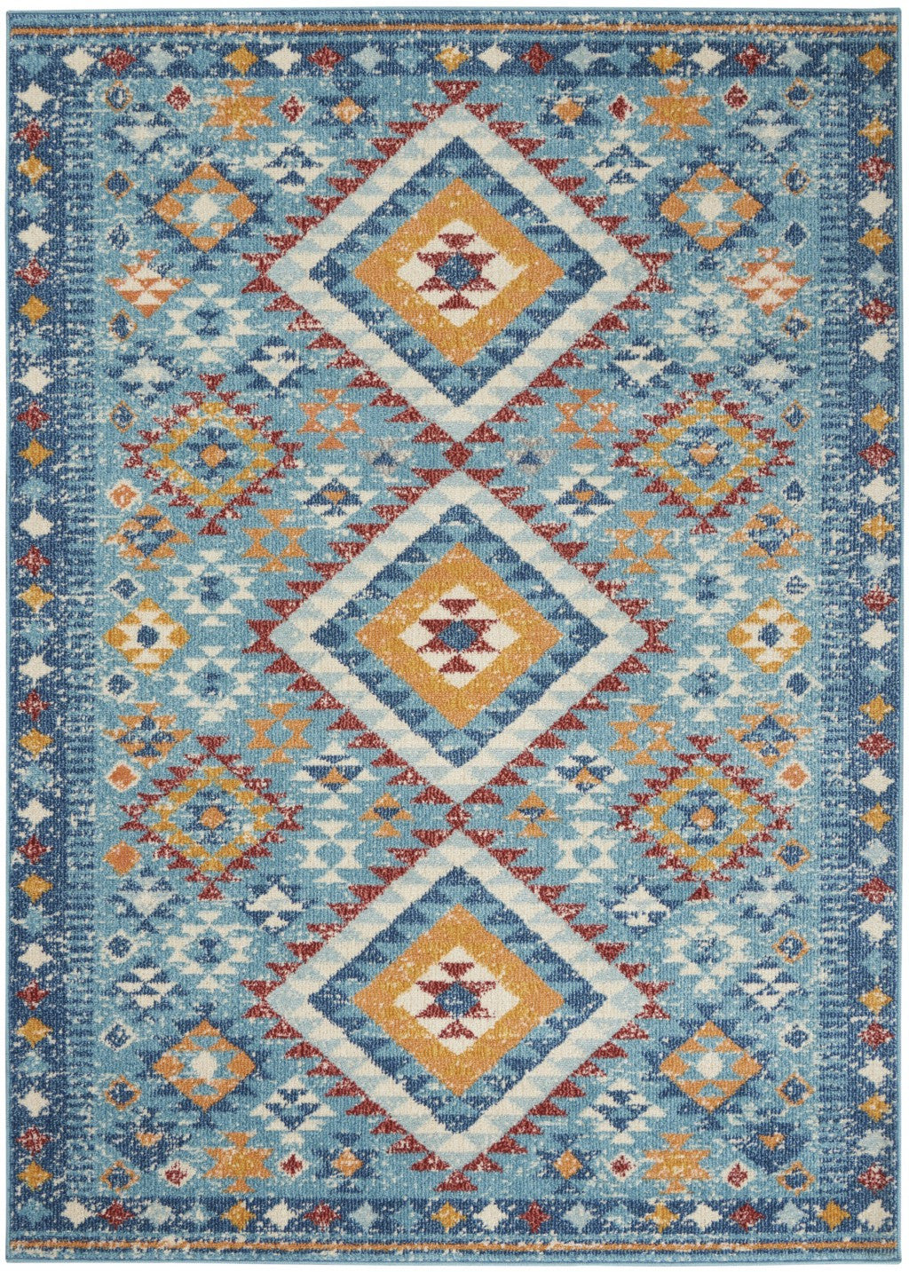 8' X 10' Blue And Orange Geometric Dhurrie Area Rug