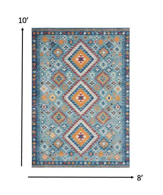 8' X 10' Blue And Orange Geometric Dhurrie Area Rug
