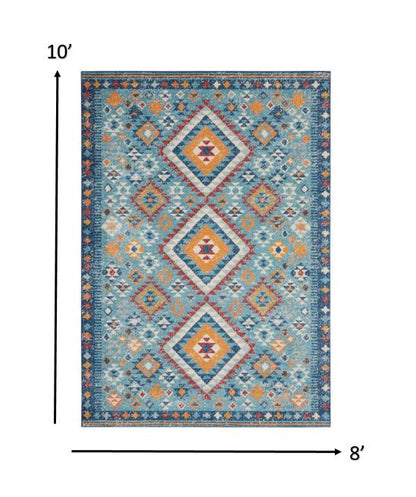 8' X 10' Blue And Orange Geometric Dhurrie Area Rug