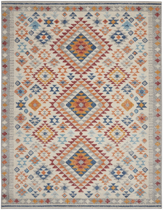 8' Gray And Ivory Geometric Dhurrie Runner Rug