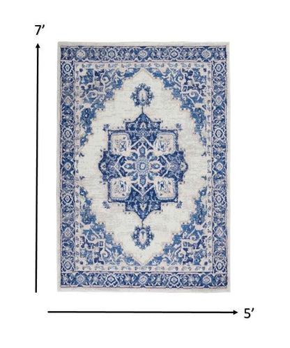 5' X 7' Blue Gray Floral Dhurrie Area Rug
