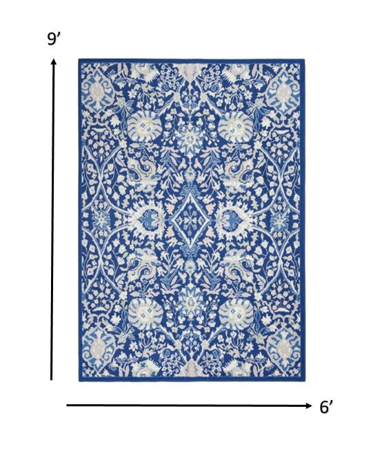 4' X 6' Navy Blue Floral Dhurrie Area Rug