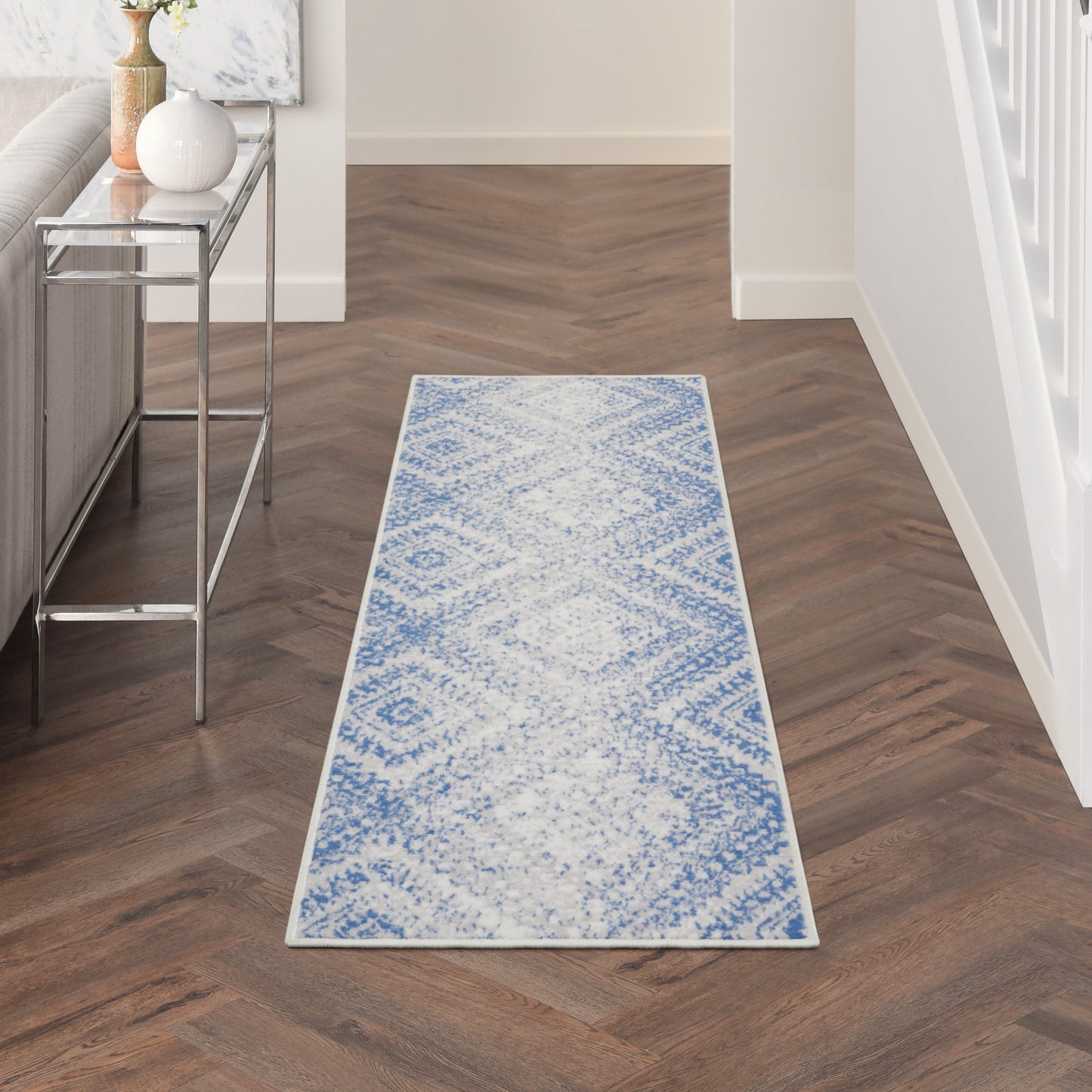 5' X 7' Light Blue Geometric Dhurrie Area Rug