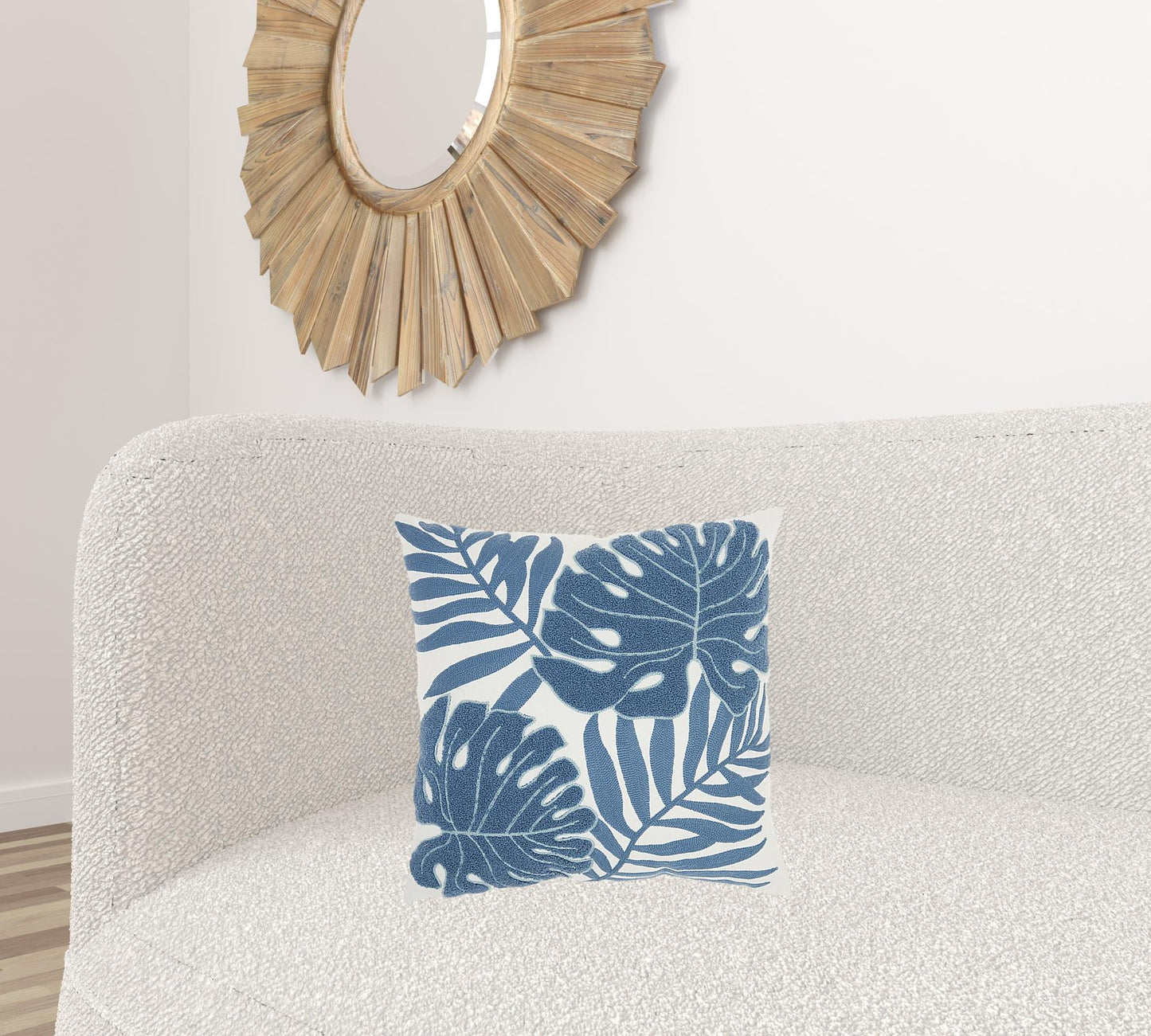 Blue And Ivory Tropical Leaves Throw Pillow