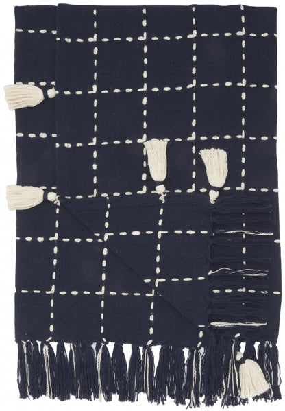 Navy And White Stitched Square Pattern Cotton Throw Blanket