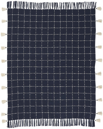 Navy And White Stitched Square Pattern Cotton Throw Blanket
