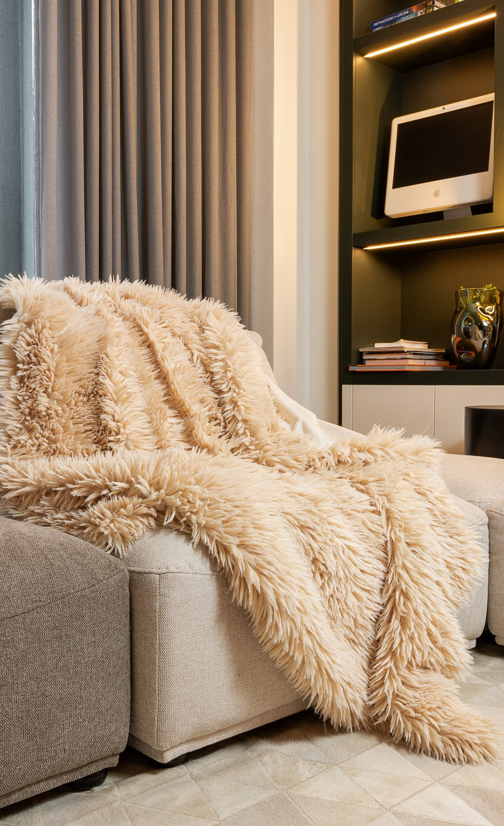 Beige Wool Solid Color Plush Throw
