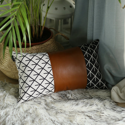 Reverse Black And White And Brown Faux Leather Lumbar Pillow Cover