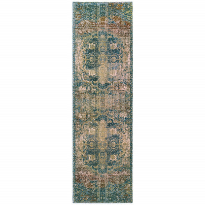 10’ X 13’ Sand And Blue Distressed Indoor Area Rug