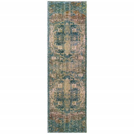 10’ X 13’ Sand And Blue Distressed Indoor Area Rug