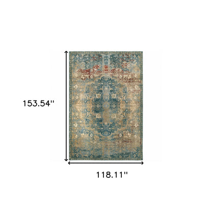 10’ X 13’ Sand And Blue Distressed Indoor Area Rug