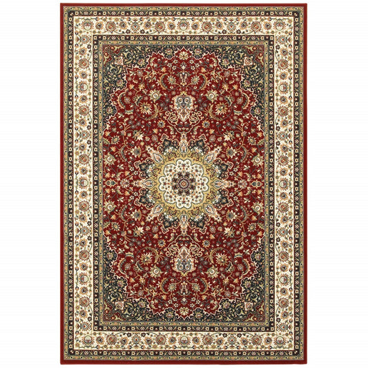 3' X 6' Red Ivory Machine Woven Oriental Indoor Area Rug